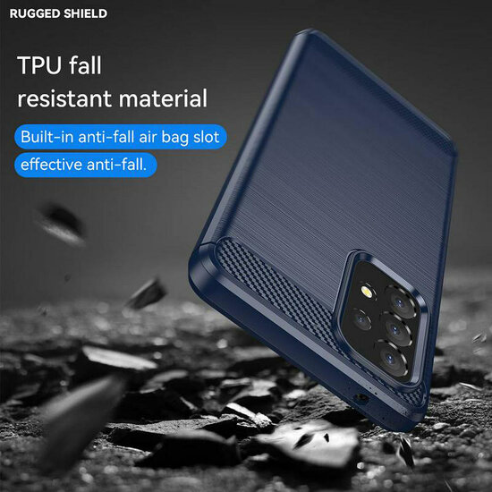 Samsung Galaxy A53 Hoesje - MobyDefend TPU Backcover - Geborstelde Metaal &amp; Carbon-Look - Navy Blauw