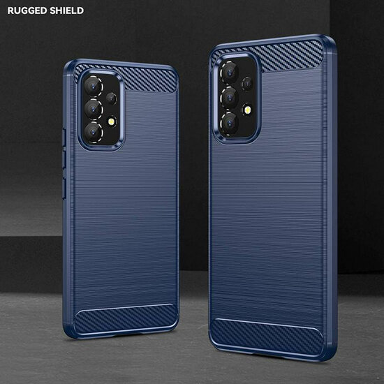 Samsung Galaxy A53 Hoesje - MobyDefend TPU Backcover - Geborstelde Metaal &amp; Carbon-Look - Navy Blauw