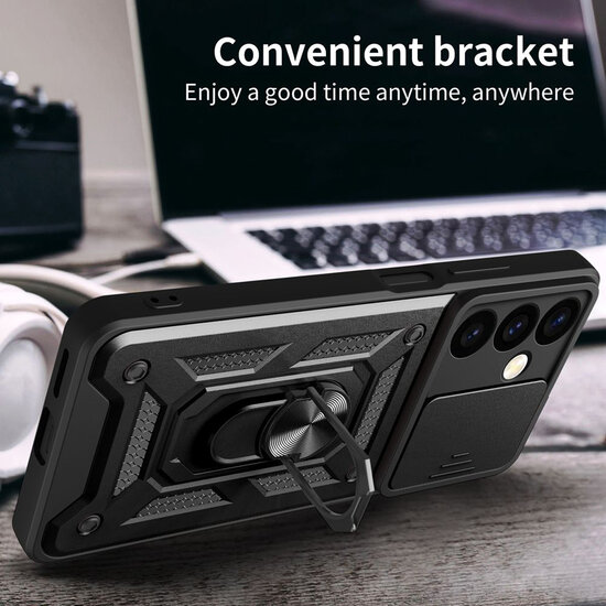 Samsung Galaxy S24 Hoesje - MobyDefend Pantsercase Met Draaibare Ring - Zwart