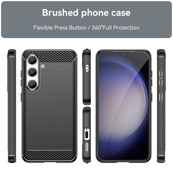 Samsung Galaxy S24 Hoesje - MobyDefend TPU Backcover - Geborstelde Metaal &amp; Carbon-Look - Zwart