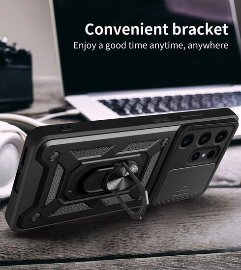 Samsung Galaxy S24 Ultra Hoesje - MobyDefend Pantsercase Met Draaibare Ring - Zwart