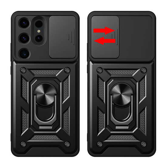 Samsung Galaxy S24 Ultra Hoesje - MobyDefend Pantsercase Met Draaibare Ring - Zwart