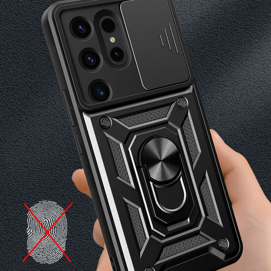 Samsung Galaxy S24 Ultra Hoesje - MobyDefend Pantsercase Met Draaibare Ring - Zwart