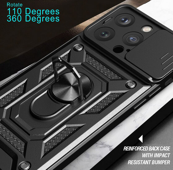 iPhone 15 Pro Max Hoesje - MobyDefend Pantsercase Met Draaibare Ring - Blauw