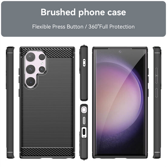 Samsung Galaxy S24 Ultra Hoesje - MobyDefend TPU Backcover - Geborstelde Metaal &amp; Carbon-Look - Zwart