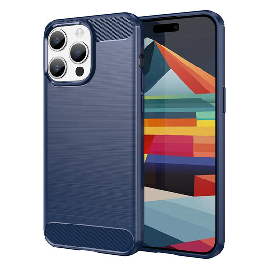 iPhone 15 Pro Max Hoesje - MobyDefend TPU Backcover - Geborstelde Metaal &amp; Carbon-Look - Blauw