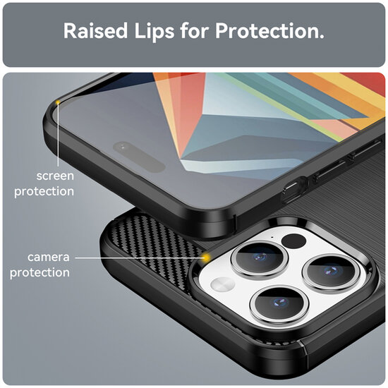 iPhone 15 Pro Max Hoesje - MobyDefend TPU Backcover - Geborstelde Metaal &amp; Carbon-Look - Zwart