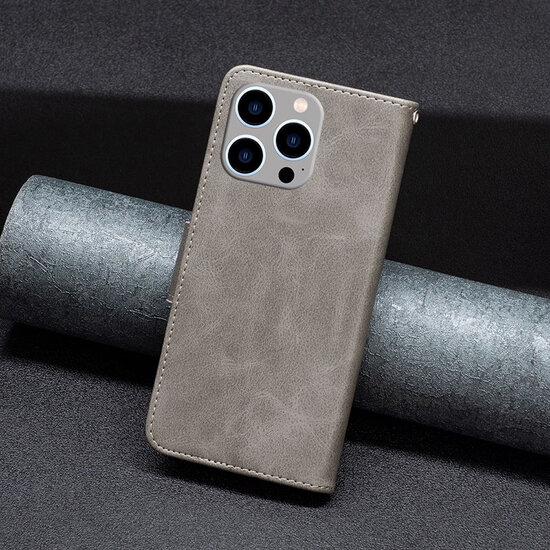 iPhone 15 Pro Max Hoesje - MobyDefend Wallet Book Case Met Koord - Grijs