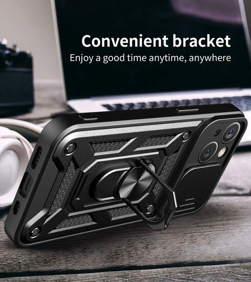 iPhone 15 Plus Hoesje - MobyDefend Pantsercase Met Draaibare Ring - Zwart