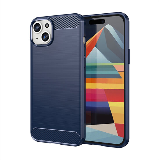 iPhone 15 Plus Hoesje - MobyDefend TPU Backcover - Geborstelde Metaal &amp; Carbon-Look - Blauw