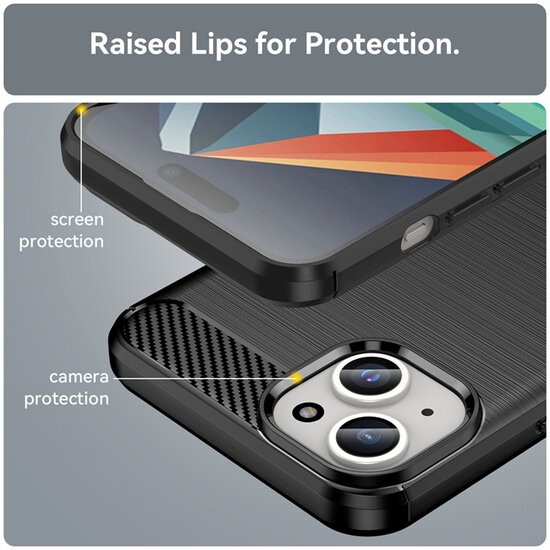 iPhone 15 Plus Hoesje - MobyDefend TPU Backcover - Geborstelde Metaal &amp; Carbon-Look - Zwart