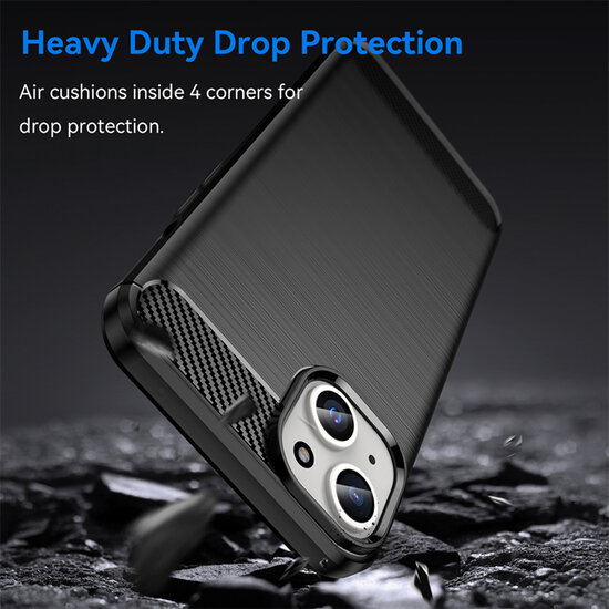 iPhone 15 Plus Hoesje - MobyDefend TPU Backcover - Geborstelde Metaal &amp; Carbon-Look - Zwart