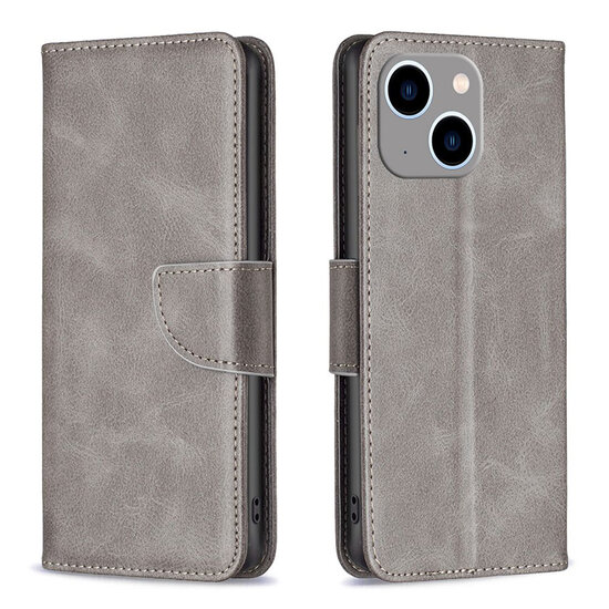 iPhone 15 Plus Hoesje - MobyDefend Wallet Book Case Met Koord - Grijs