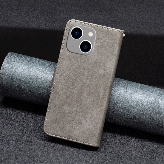 iPhone 15 Plus Hoesje - MobyDefend Wallet Book Case Met Koord - Grijs