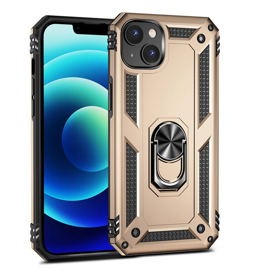 iPhone 14 Hoesje - MobyDefend Pantsercase Met Draaibare Ring - Goud