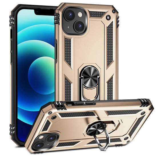 iPhone 14 Hoesje - MobyDefend Pantsercase Met Draaibare Ring - Goud