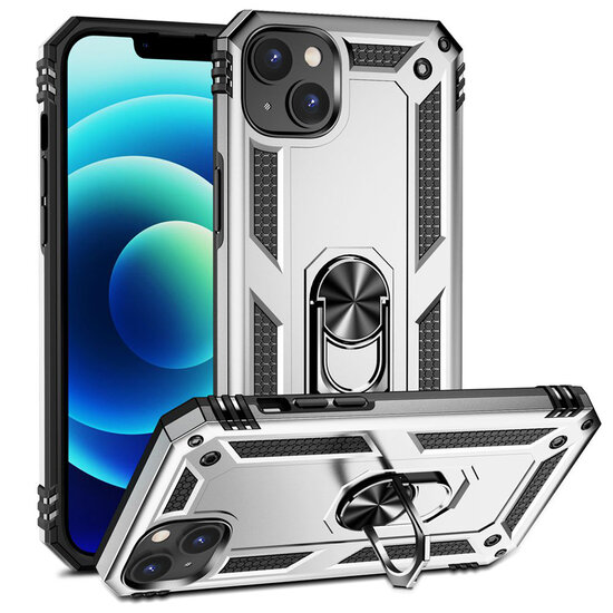 iPhone 14 Hoesje - MobyDefend Pantsercase Met Draaibare Ring - Zilvergrijs