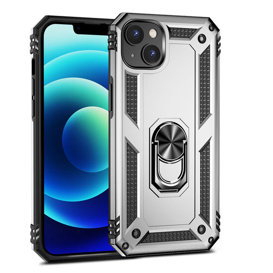 iPhone 14 Hoesje - MobyDefend Pantsercase Met Draaibare Ring - Zilvergrijs
