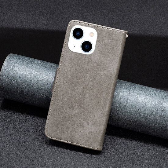 iPhone 14 Hoesje - MobyDefend Wallet Book Case Met Koord - Grijs