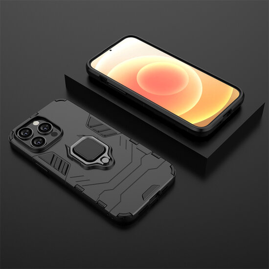iPhone 14 Hoesje - MobyDefend Dubbelgelaagde Pantsercase Met Standaard - Zwart