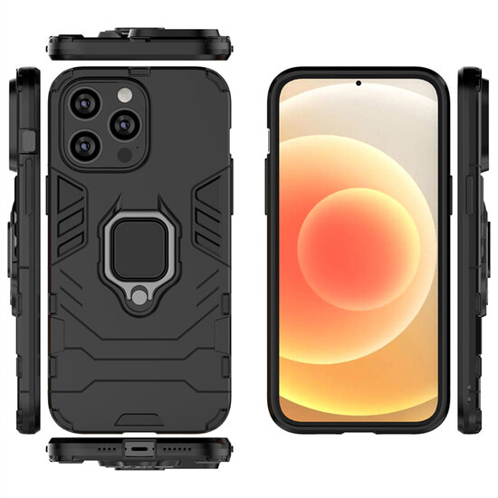 iPhone 14 Hoesje - MobyDefend Dubbelgelaagde Pantsercase Met Standaard - Zwart