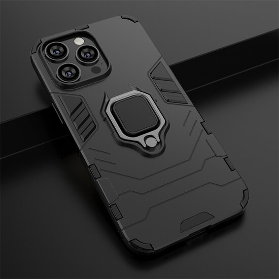 iPhone 14 Hoesje - MobyDefend Dubbelgelaagde Pantsercase Met Standaard - Zwart