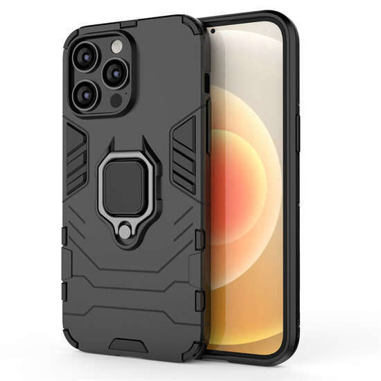 iPhone 14 Hoesje - MobyDefend Dubbelgelaagde Pantsercase Met Standaard - Zwart