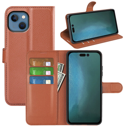 iPhone 14 Hoesje - MobyDefend Kunstleren Wallet Book Case (Sluiting Voorkant) - Bruin