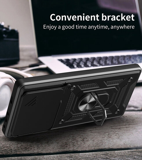 Xiaomi 14T Hoesje - MobyDefend Pantsercase Met Draaibare Ring - Zwart