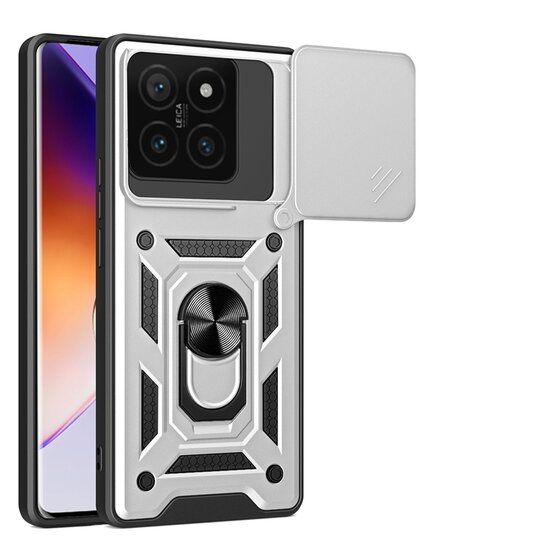 Xiaomi 14T Hoesje - MobyDefend Pantsercase Met Draaibare Ring - Zilvergrijs