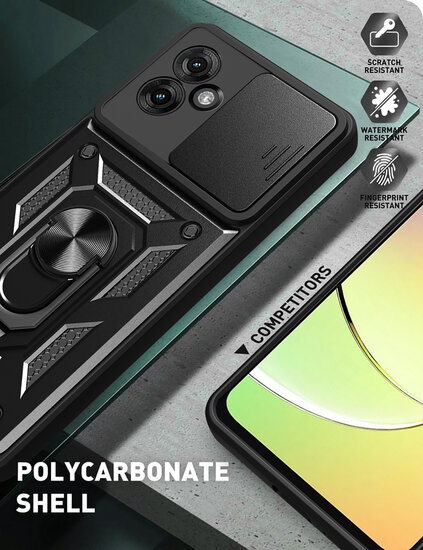 Motorola Moto G55 Hoesje - MobyDefend Pantsercase Met Draaibare Ring - Zwart