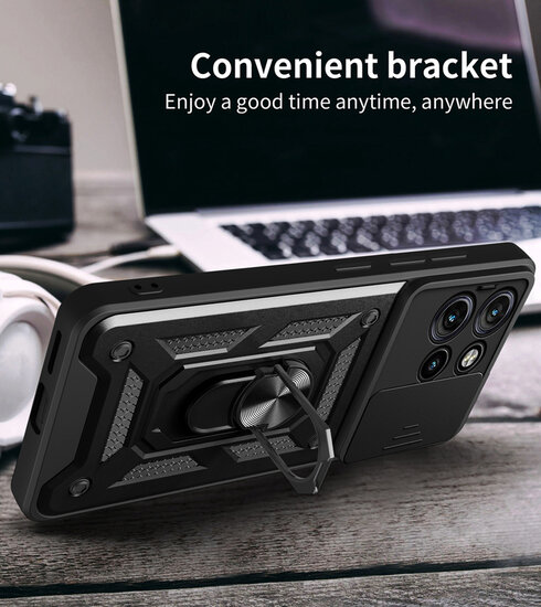 Motorola Edge 50 Neo Hoesje - MobyDefend Pantsercase Met Draaibare Ring - Zwart