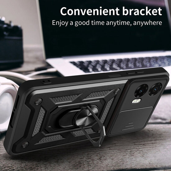 Motorola Moto G35 Hoesje - MobyDefend Pantsercase Met Draaibare Ring - Zwart