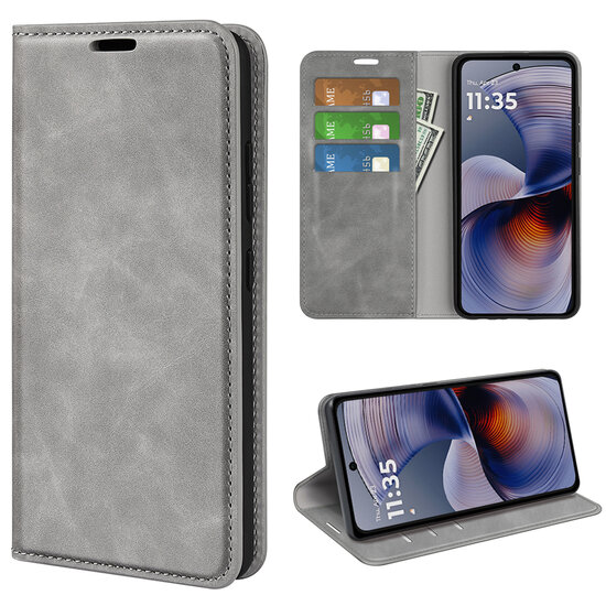 Motorola Moto G55 Hoesje - MobyDefend Luxe Wallet Bookcase (Magnetische Sluiting) - Grijs