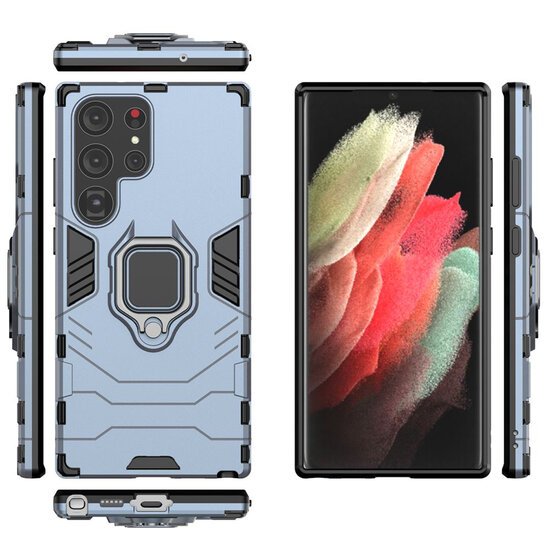 Samsung Galaxy S23 Ultra Hoesje - MobyDefend Dubbelgelaagde Pantsercase Met Standaard - Blauw