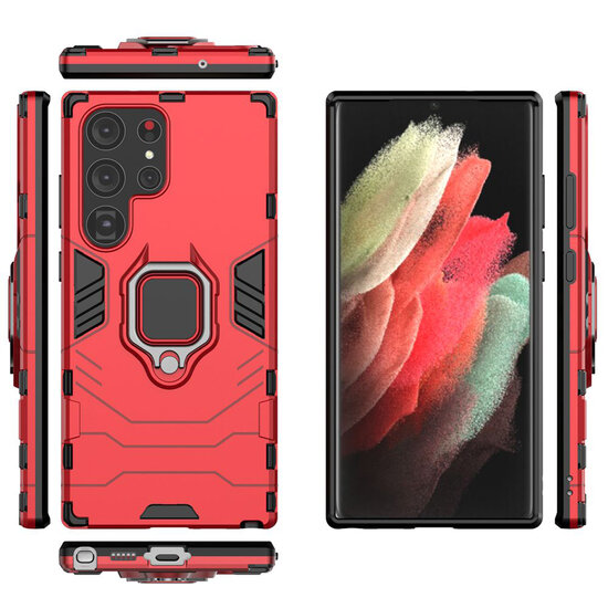 Samsung Galaxy S23 Ultra Hoesje - MobyDefend Dubbelgelaagde Pantsercase Met Standaard - Rood