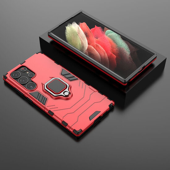Samsung Galaxy S23 Ultra Hoesje - MobyDefend Dubbelgelaagde Pantsercase Met Standaard - Rood