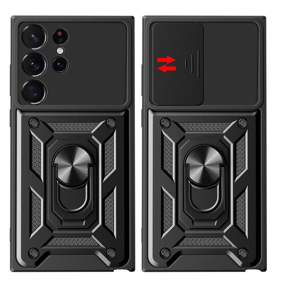 Samsung Galaxy S23 Ultra Hoesje - MobyDefend Pantsercase Met Draaibare Ring - Zwart