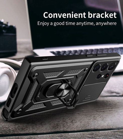 Samsung Galaxy S23 Ultra Hoesje - MobyDefend Pantsercase Met Draaibare Ring - Zwart