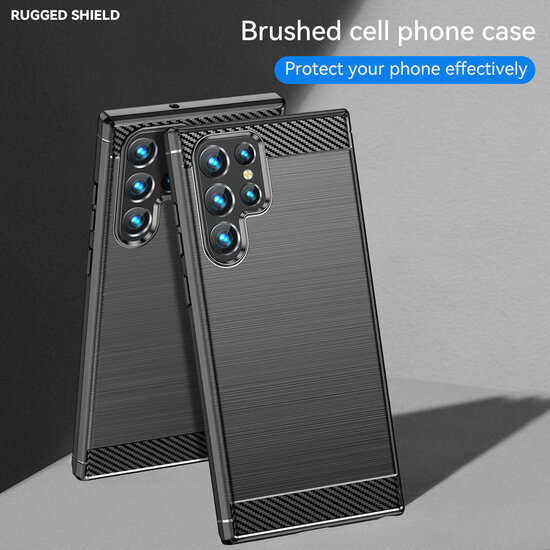 Samsung Galaxy S23 Ultra Hoesje - MobyDefend TPU Backcover - Geborstelde Metaal &amp; Carbon-Look - Blauw