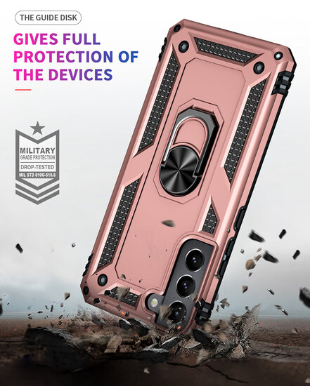 Samsung Galaxy S22 Hoesje - MobyDefend Pantsercase Met Draaibare Ring - Ros&eacute;