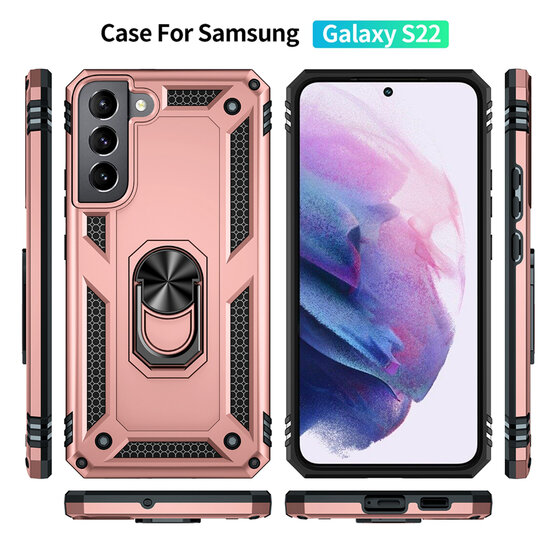 Samsung Galaxy S22 Hoesje - MobyDefend Pantsercase Met Draaibare Ring - Ros&eacute;