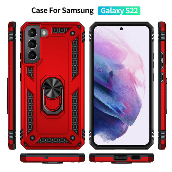 Samsung Galaxy S22 Hoesje - MobyDefend Pantsercase Met Draaibare Ring - Rood