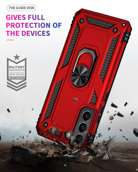 Samsung Galaxy S22 Hoesje - MobyDefend Pantsercase Met Draaibare Ring - Rood