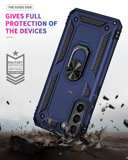 Samsung Galaxy S22 Hoesje - MobyDefend Pantsercase Met Draaibare Ring - Blauw