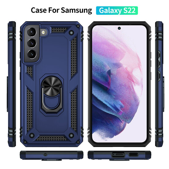 Samsung Galaxy S22 Hoesje - MobyDefend Pantsercase Met Draaibare Ring - Blauw