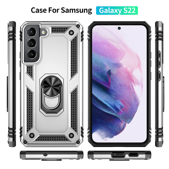 Samsung Galaxy S22 Hoesje - MobyDefend Pantsercase Met Draaibare Ring - Zilvergrijs