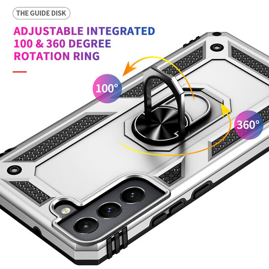 Samsung Galaxy S22 Hoesje - MobyDefend Pantsercase Met Draaibare Ring - Zilvergrijs