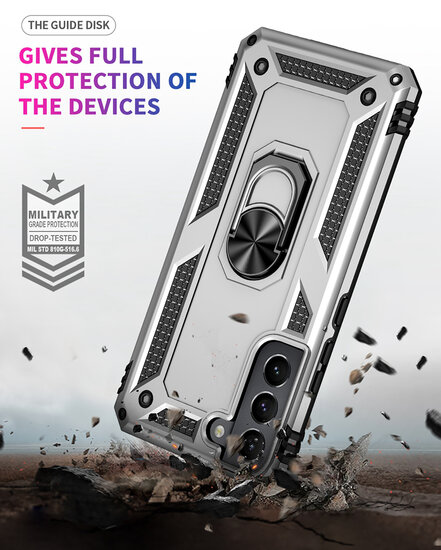 Samsung Galaxy S22 Hoesje - MobyDefend Pantsercase Met Draaibare Ring - Zilvergrijs