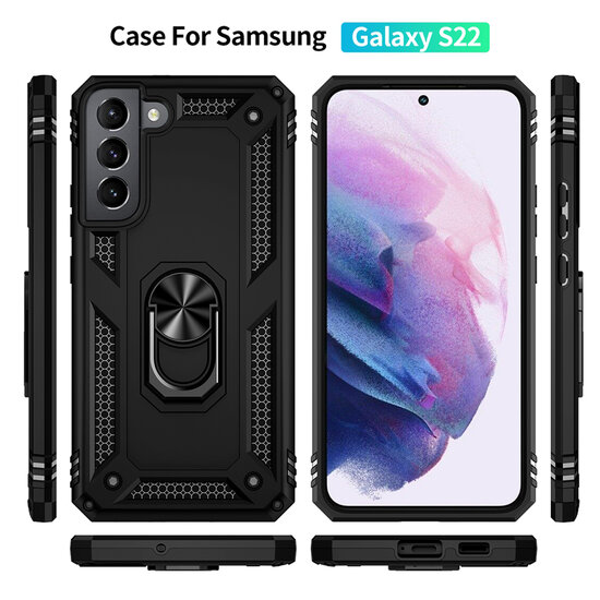 Samsung Galaxy S22 Hoesje - MobyDefend Pantsercase Met Draaibare Ring - Zwart